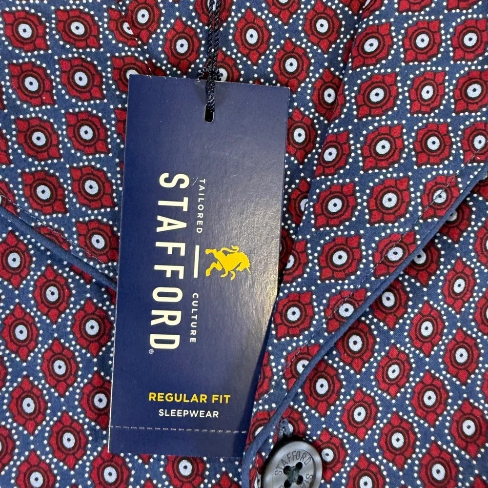 Stafford Mens Pajama Top Large NWT Blue Red Medallion Long Sleeve Sleep Shirt